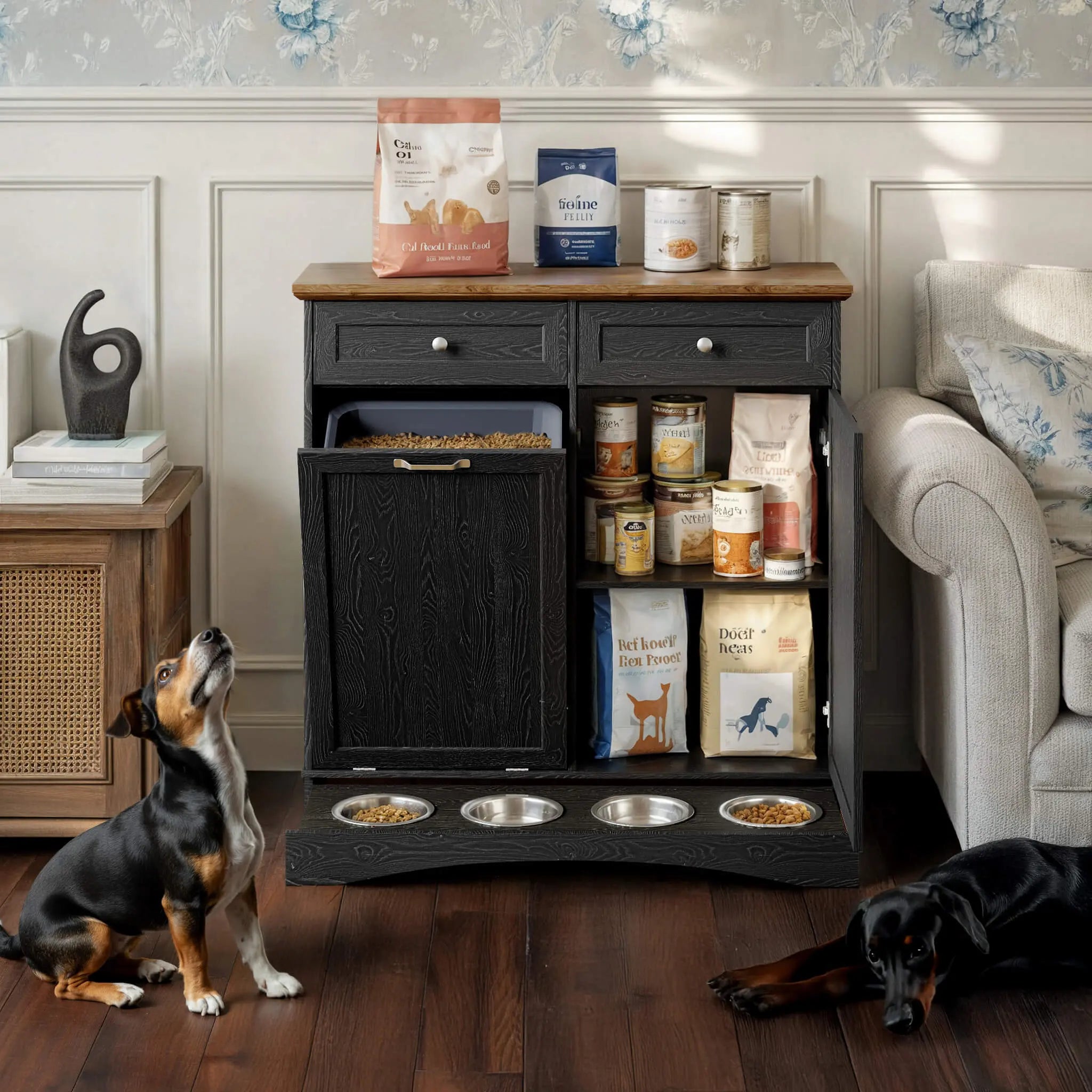 Summervibes Engineered Wood Pet Feeding Station Cabinet - Dual Tiltable Doors for Dog Food & Clothing Storage, Tilt-Out Design with 4 Feeding Bowls for Quick Access