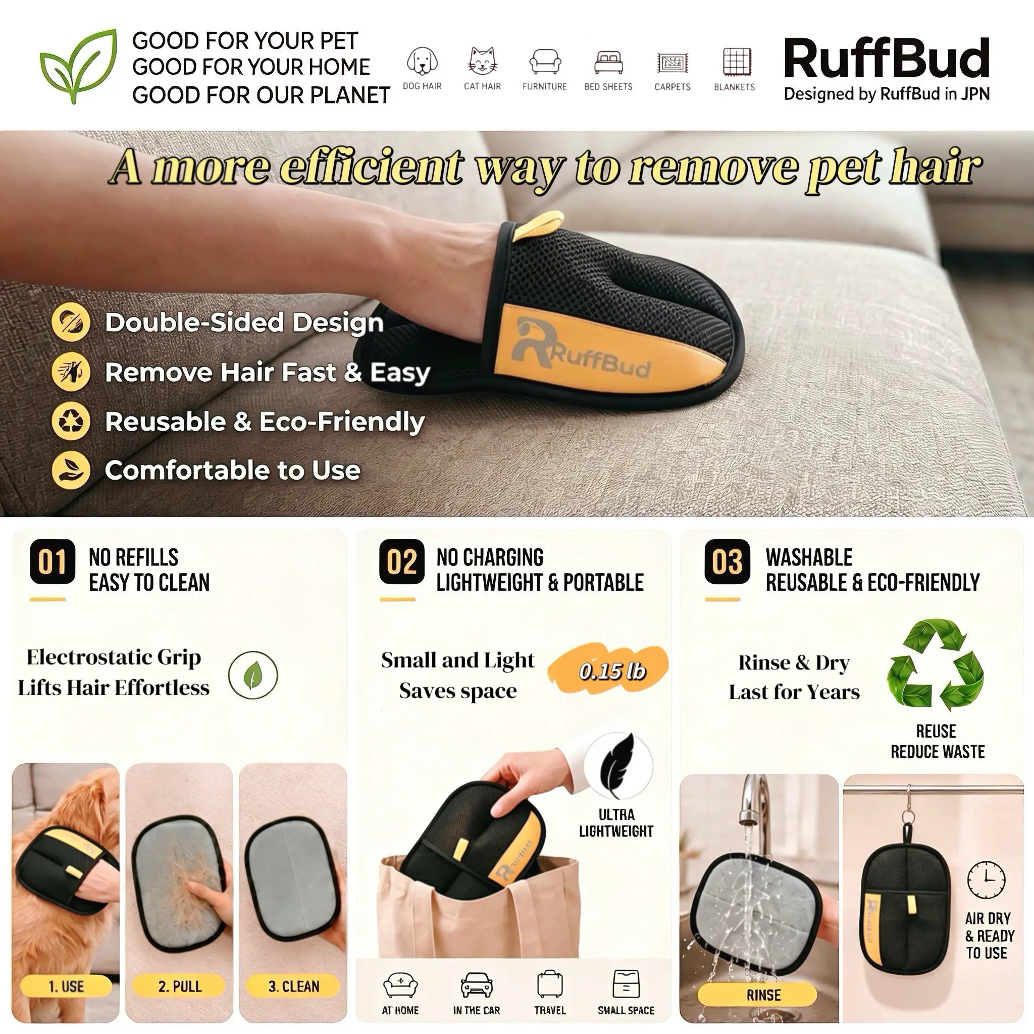 Ruffbud Reusable Pet Hair Removal Gloves, Dog & Cat Grooming Mitts for Fabric Cleaning, Daily Household Use