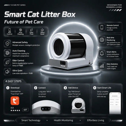 【Independence Day 】Pawtech Smart Low-Noise Auto-Cleaning Cat Litter Box (60L) - 2.4G Wifi App-Controlled, Equipped with Smart Sensors, Safety Protection, Easy Maintenance #Catlitterbox#Smartlitterbox#Petessentials#Catlovers