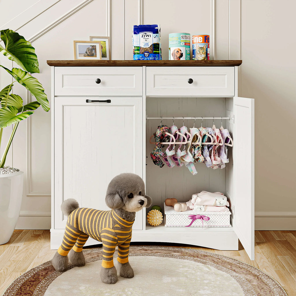 Summervibes Engineered Wood Pet Feeding Station Cabinet - Dual Tiltable Doors for Dog Food & Clothing Storage, Tilt-Out Design with 4 Feeding Bowls for Quick Access