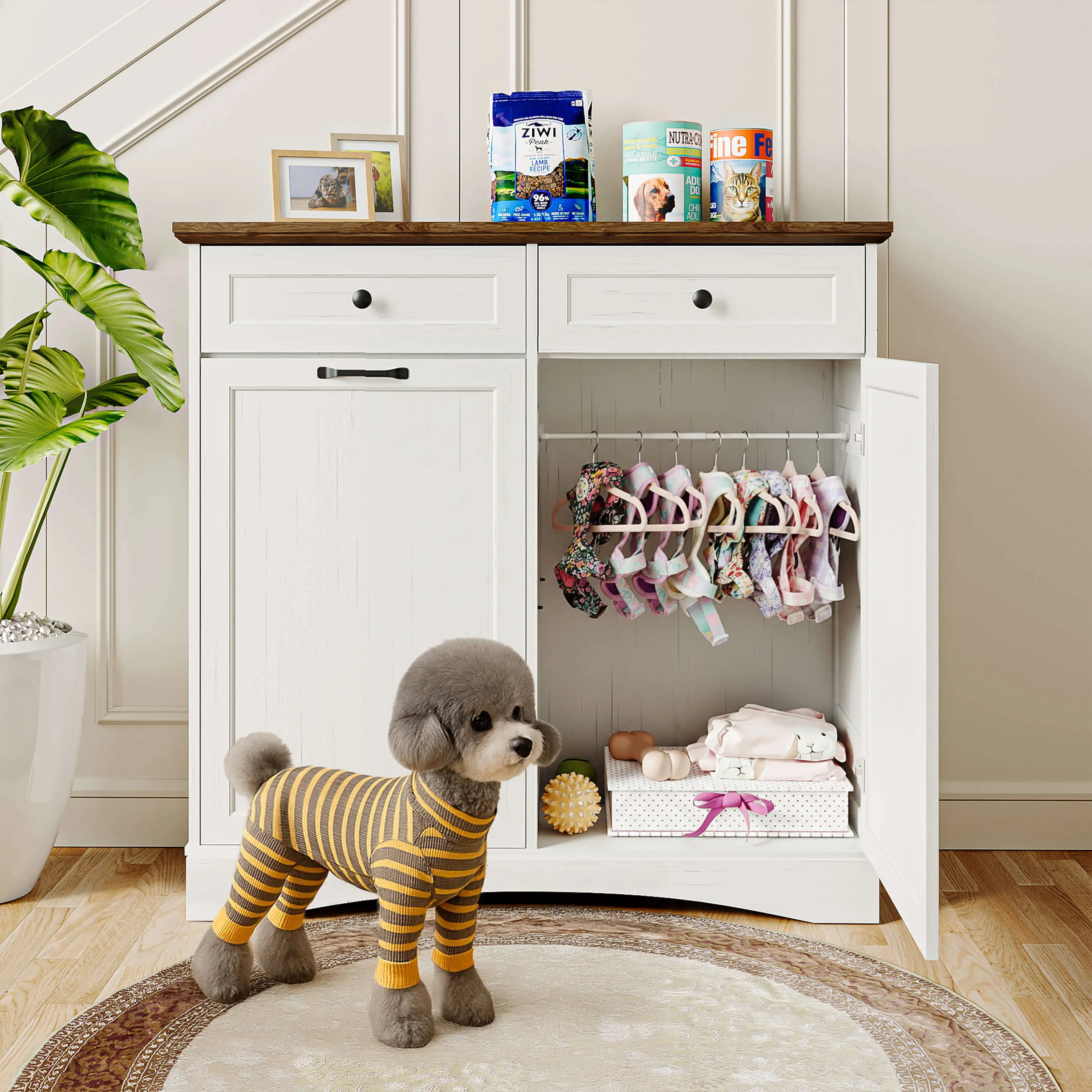 Summervibes Engineered Wood Pet Feeding Station Cabinet - Dual Tiltable Doors for Dog Food & Clothing Storage, Tilt-Out Design with 4 Feeding Bowls for Quick Access