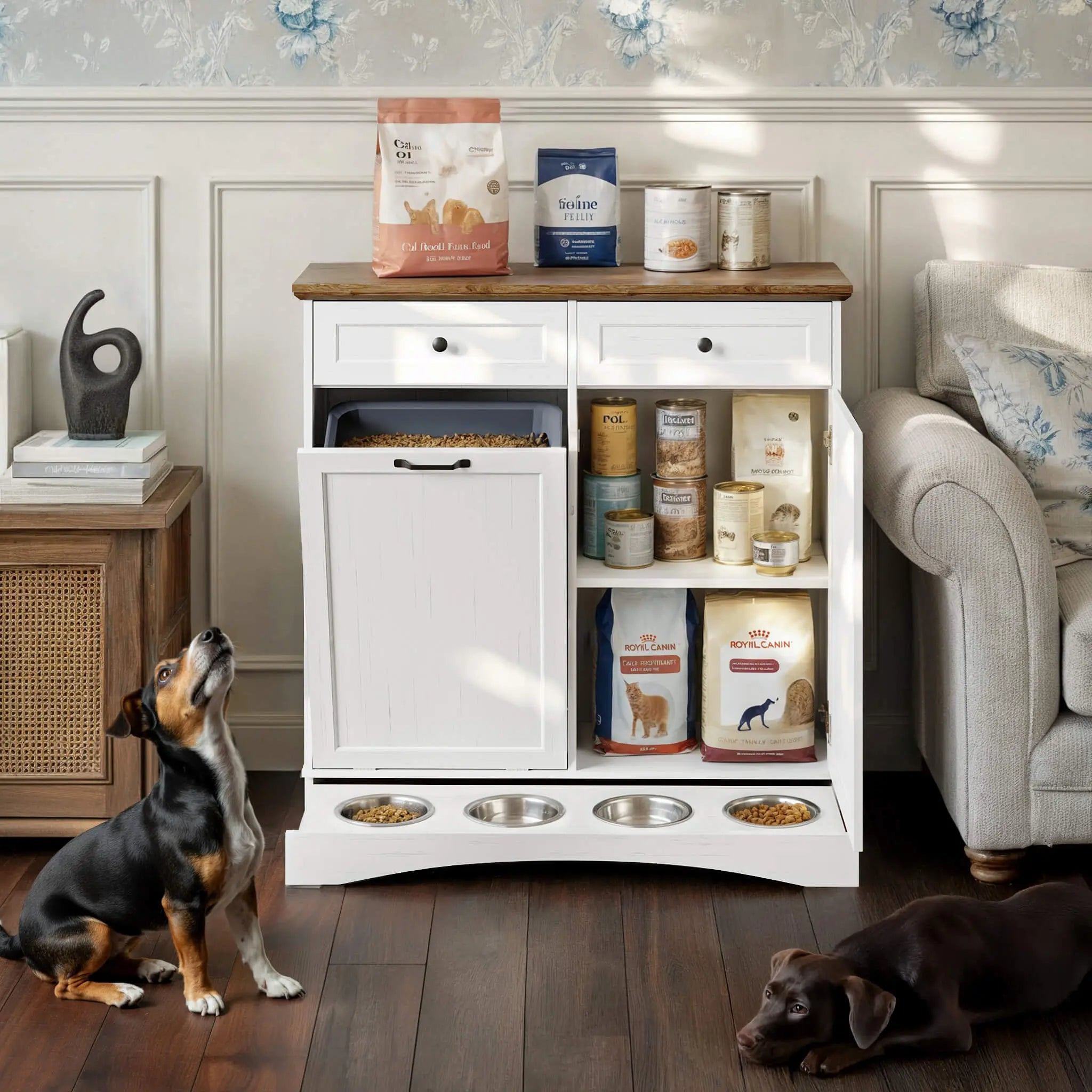 Summervibes Engineered Wood Pet Feeding Station Cabinet - Dual Tiltable Doors for Dog Food & Clothing Storage, Tilt-Out Design with 4 Feeding Bowls for Quick Access