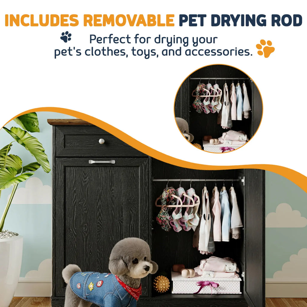 Summervibes Engineered Wood Pet Feeding Station Cabinet - Dual Tiltable Doors for Dog Food & Clothing Storage, Tilt-Out Design with 4 Feeding Bowls for Quick Access