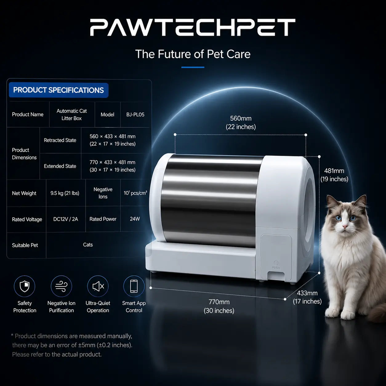 【Independence Day 】Pawtech Smart Low-Noise Auto-Cleaning Cat Litter Box (60L) - 2.4G Wifi App-Controlled, Equipped with Smart Sensors, Safety Protection, Easy Maintenance #Catlitterbox#Smartlitterbox#Petessentials#Catlovers