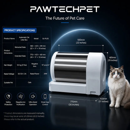 【Independence Day 】Pawtech Smart Low-Noise Auto-Cleaning Cat Litter Box (60L) - 2.4G Wifi App-Controlled, Equipped with Smart Sensors, Safety Protection, Easy Maintenance #Catlitterbox#Smartlitterbox#Petessentials#Catlovers
