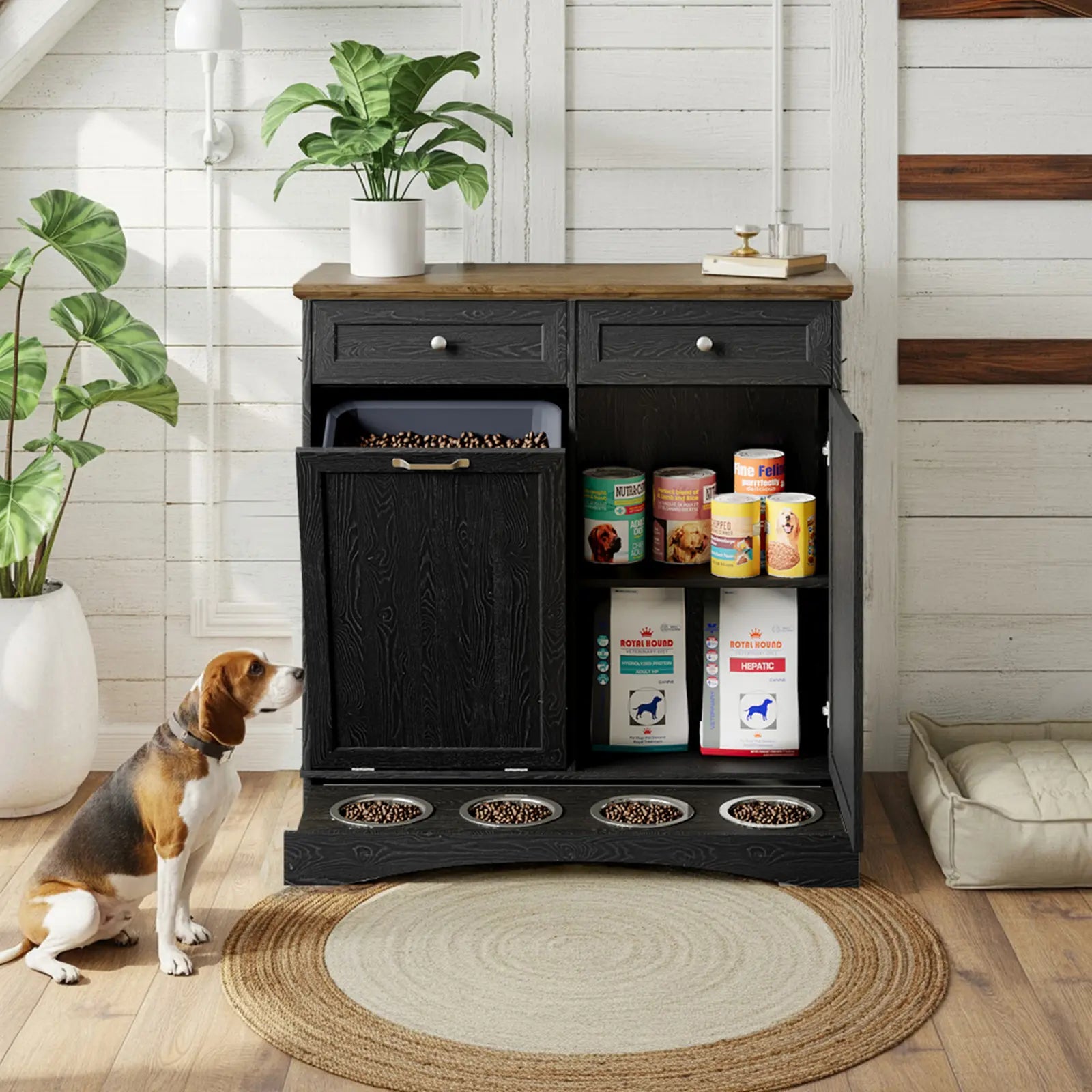 Summervibes Engineered Wood Pet Feeding Station Cabinet - Dual Tiltable Doors for Dog Food & Clothing Storage, Tilt-Out Design with 4 Feeding Bowls for Quick Access
