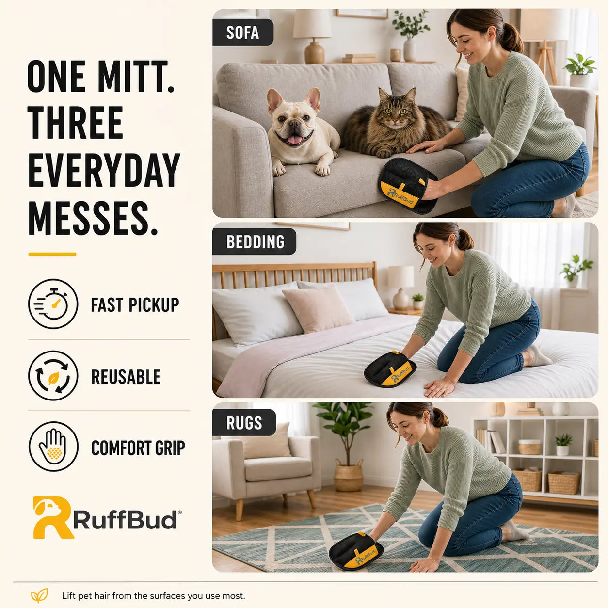 Ruffbud Reusable Pet Hair Removal Gloves, Dog & Cat Grooming Mitts for Fabric Cleaning, Daily Household Use